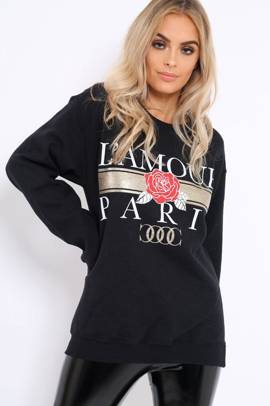 Black L'amour Paris Slogan Sweatshirt - Lucy