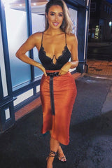 Rust Jacquard Printed Satin Midi Skirt - Taija