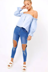 Blue Button Up Bardot Crop Top - LuLu