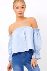 Blue Button Up Bardot Crop Top - LuLu