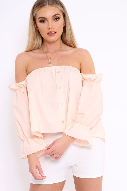 Peach Button Up Bardot Crop Top - LuLu