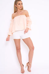 Peach Button Up Bardot Crop Top - LuLu