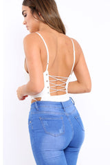 White Lace Up Front And Side Bodysuit - Lux