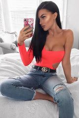 Neon Coral One Sleeve Cut Out Bodysuit - Lyana