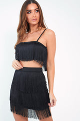 Black Fringe Crop Top Skirt Co-Ord - Lyela