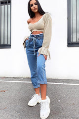 Light Wash Blue Denim Tie Waist Paperbag Jeans - Lylee