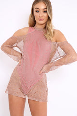 Rose Gold Distressed Cold Shoulder Knitted Dress - Lyndon
