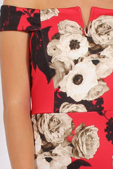 Red Floral Bardot V Front Midi Dress - Lynn