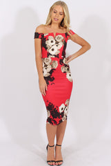 Red Floral Bardot V Front Midi Dress - Lynn