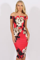 Red Floral Bardot V Front Midi Dress - Lynn
