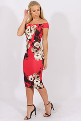 Red Floral Bardot V Front Midi Dress - Lynn
