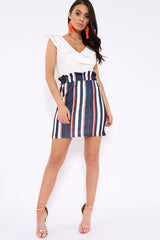 Blue Stripe Paper Bag Ruffle Hem Mini Skirt - Lynzie
