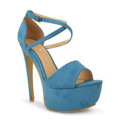 Blue Suede Cross Over Strap Platform Heels - Martha