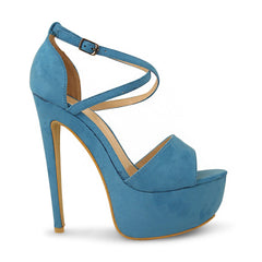 Blue Suede Cross Over Strap Platform Heels - Martha