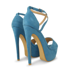 Blue Suede Cross Over Strap Platform Heels - Martha