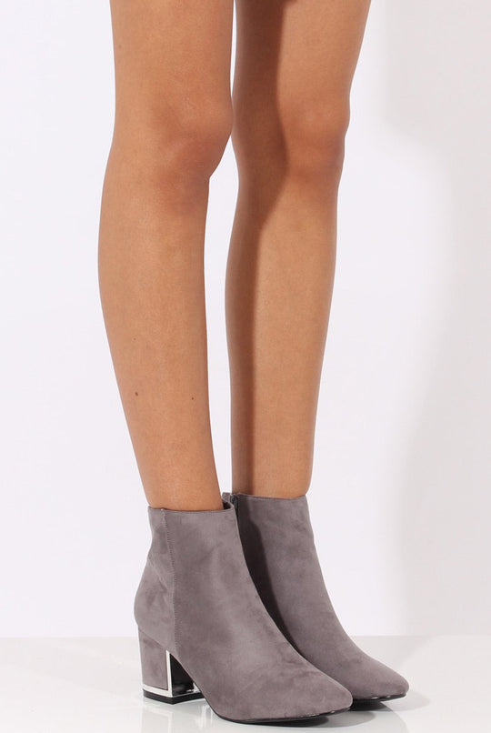 Grey Suede Metal Heel Detail Ankle Boots - Claudia