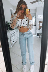 White Black Polka Dot Mesh Front Fastening Crop Top - Kacy