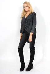 Macy Dark Grey Cross Over Dropped Hem Top