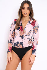 Rose Flower Print Plunge Satin Bodysuit - Madelynn