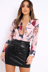 Rose Flower Print Plunge Satin Bodysuit - Madelynn