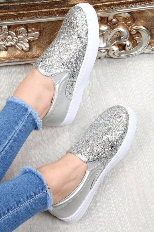 Silver Glitter Slip On Trainers - Maddie