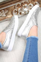 Silver Glitter Slip On Trainers - Maddie
