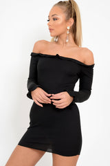 Black Ribbed Ruffle Long Sleeve Bardot Dress - Madison