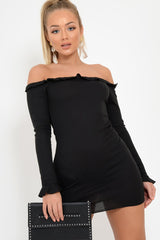 Black Ribbed Ruffle Long Sleeve Bardot Dress - Madison