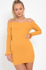 Mustard Ribbed Ruffle Long Sleeve Bardot Dress - Madison