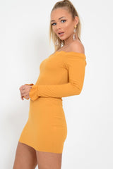 Mustard Ribbed Ruffle Long Sleeve Bardot Dress - Madison