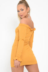 Mustard Ribbed Ruffle Long Sleeve Bardot Dress - Madison