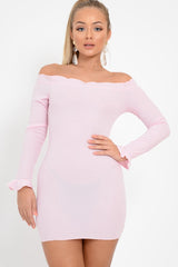 Pink Ribbed Ruffle Long Sleeve Bardot Dress - Madison