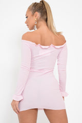 Pink Ribbed Ruffle Long Sleeve Bardot Dress - Madison