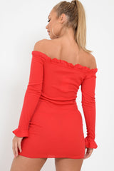 Red Ribbed Ruffle Long Sleeve Bardot Dress - Madison