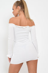 White Ribbed Ruffle Long Sleeve Bardot Dress - Madison