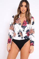 White Flower Print Plunge Satin Bodysuit - Madelynn