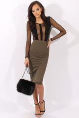 Khaki Ribbed High Waisted Midi Skirt - Della