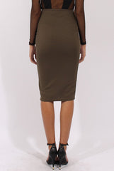 Khaki Ribbed High Waisted Midi Skirt - Della