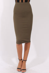 Khaki Ribbed High Waisted Midi Skirt - Della