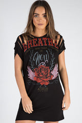 Black Distressed Breathe Graphic T Shirt Dress - Madeline