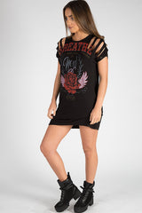 Black Distressed Breathe Graphic T Shirt Dress - Madeline