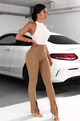 Camel Split Front Flared Trousers - Florie