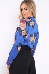 Blue Flower Print Plunge Satin Bodysuit - Madelynn