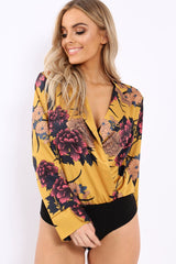 Mustard Flower Print Plunge Satin Bodysuit - Madelynn