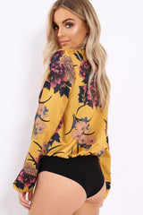 Mustard Flower Print Plunge Satin Bodysuit - Madelynn