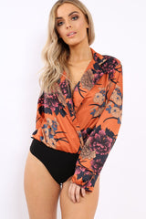 Rust Flower Print Plunge Satin Bodysuit - Madelynn