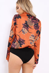 Rust Flower Print Plunge Satin Bodysuit - Madelynn