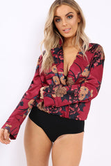 Wine Flower Print Plunge Satin Bodysuit - Madelynn
