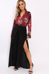 Wine Flower Print Plunge Satin Bodysuit - Madelynn