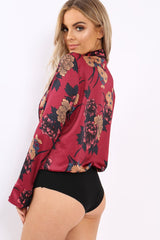 Wine Flower Print Plunge Satin Bodysuit - Madelynn
